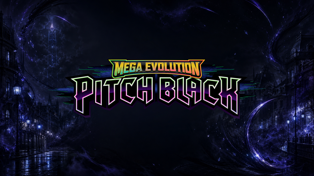 Logo de Pokémon TCG Mega Evolution Pitch Black sobre Ciudad Luminalia oscura
