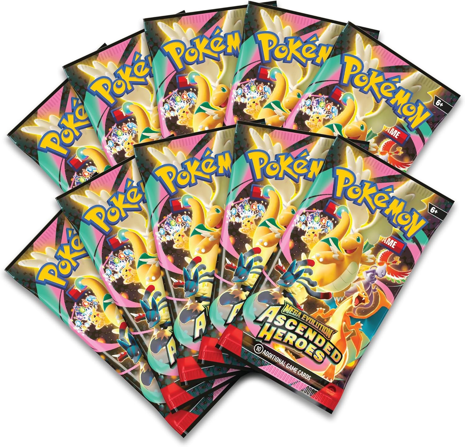 Multiple packs of Ascended Heroes Pokemon trading cards on a white background