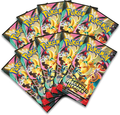 Multiple packs of Ascended Heroes Pokemon trading cards on a white background
