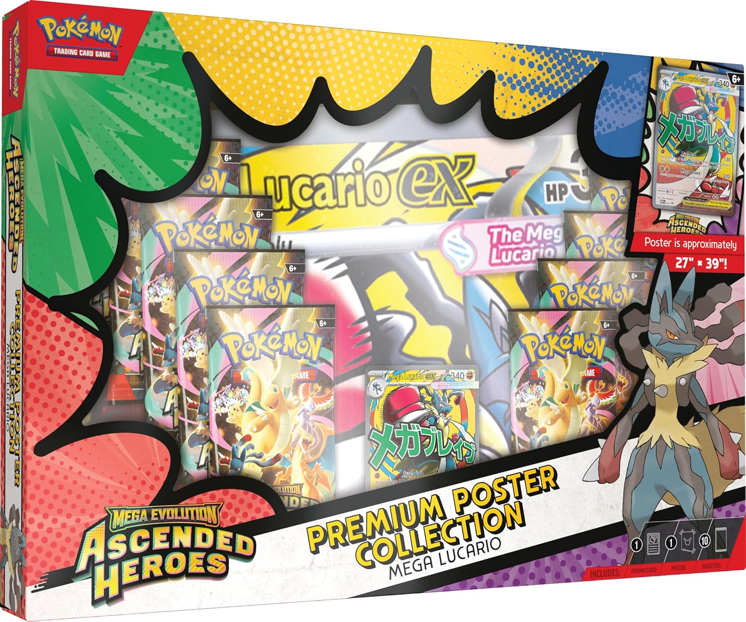 Pokémon Lucario EX Mega Evolution Ascended Heroes Premium Poster Collection box set, featuring a comic-style black and yellow border design with multiple booster packs and a poster visible inside.