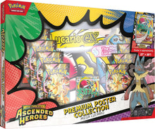 Pokémon Lucario EX Mega Evolution Ascended Heroes Premium Poster Collection box set, featuring a comic-style black and yellow border design with multiple booster packs and a poster visible inside.