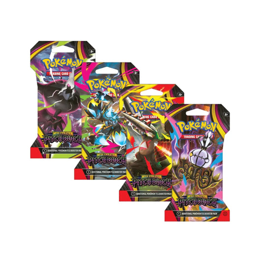 Four Pokémon Trading Card Game booster packs fanned out on a white background, featuring artwork for the Black Pitch set.
