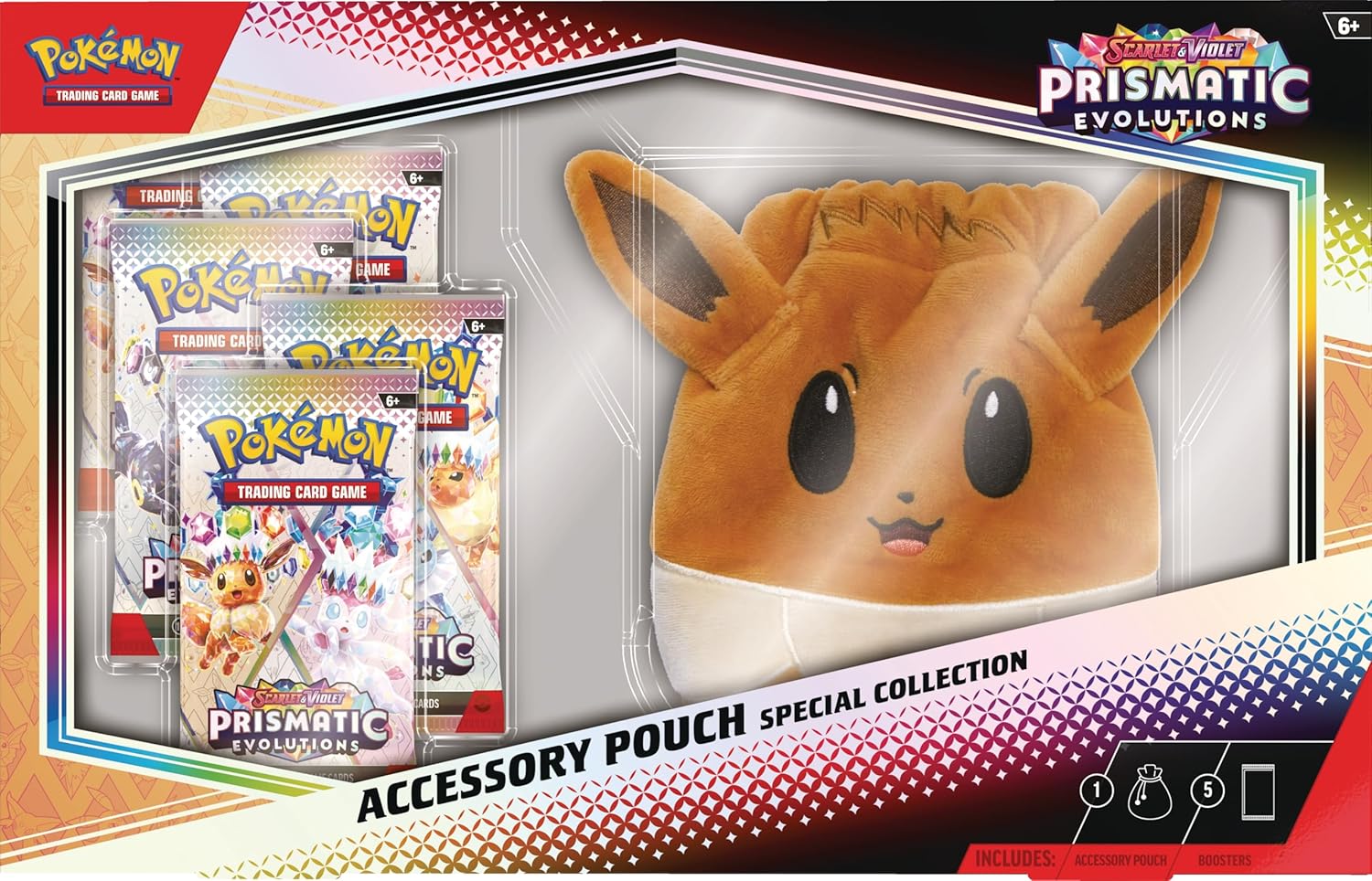 Pokémon Prismatic Evolutions accessory pouch with plush toy and trading card packs.