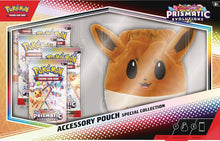 Pokémon Prismatic Evolutions accessory pouch with plush toy and trading card packs.
