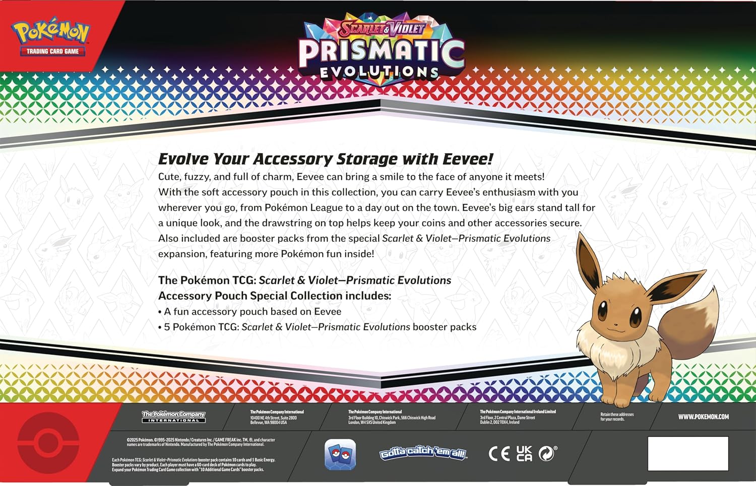 Pokémon Prismatic Evolutions accessory pouch packaging with Eevee illustration