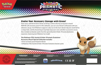 Pokémon Prismatic Evolutions accessory pouch packaging with Eevee illustration