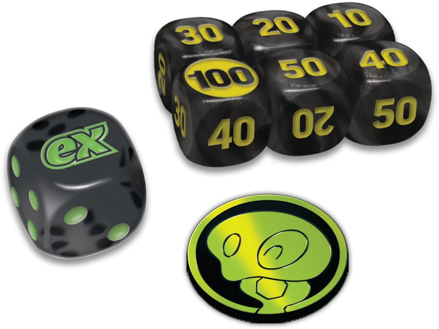 Black dice with green text and numbers on a white background