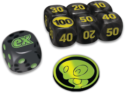 Black dice with green text and numbers on a white background