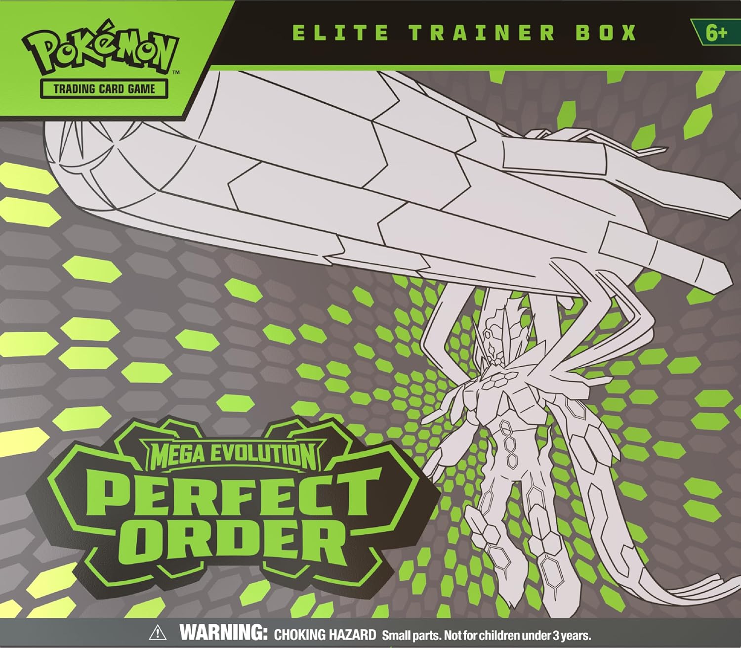 Pokémon trading card game elite trainer box packaging with a Pokémon character on a gray and green patterned background.