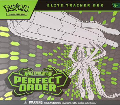 Pokémon trading card game elite trainer box packaging with a Pokémon character on a gray and green patterned background.